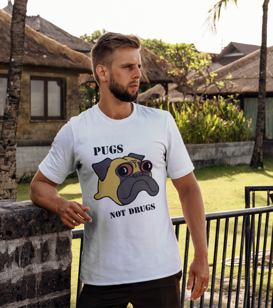 Pugs Not Drugs Cartoon Dog Face Funny Anti Drug Message T-Shirt