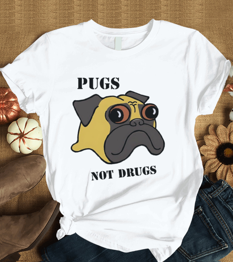 Pugs Not Drugs Cartoon Dog Face Funny Anti Drug Message T-Shirt