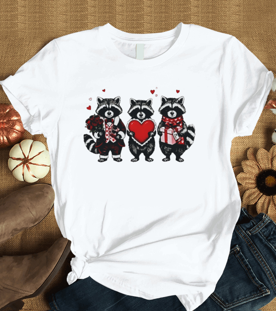 Valentine's Raccoons Love Heart Roses T-Shirt