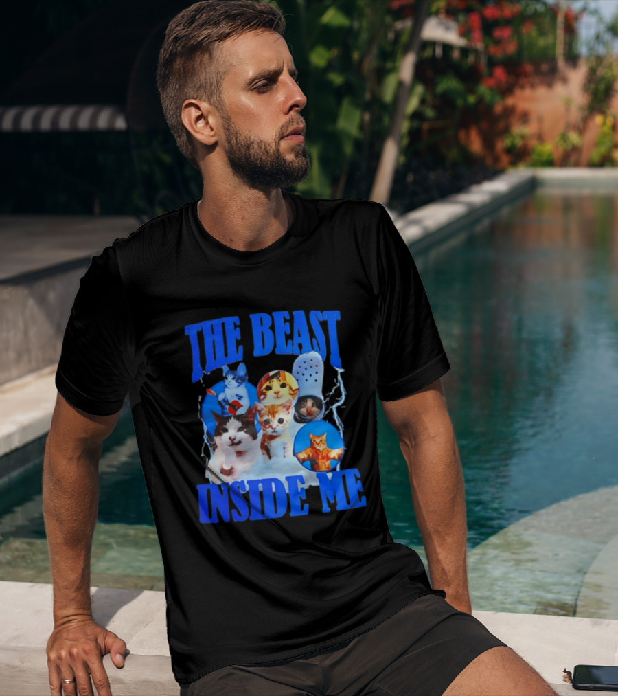 The Beast Inside Me Cat Collage With Blue Electric Accents T-Shirt