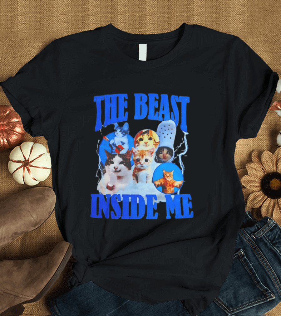 The Beast Inside Me Cat Collage With Blue Electric Accents T-Shirt