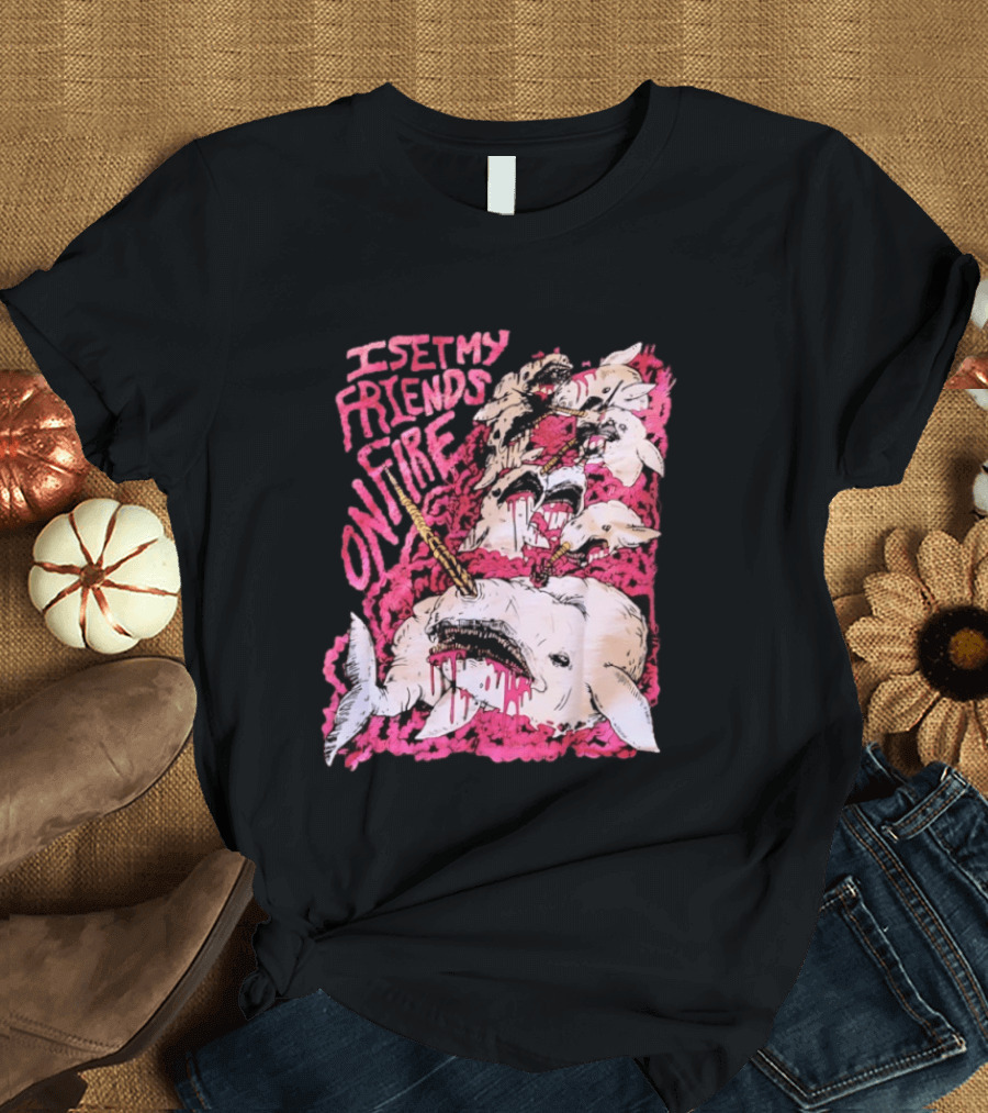 I Set My Friends On Fire Narwhal Pink And White T-Shirt
