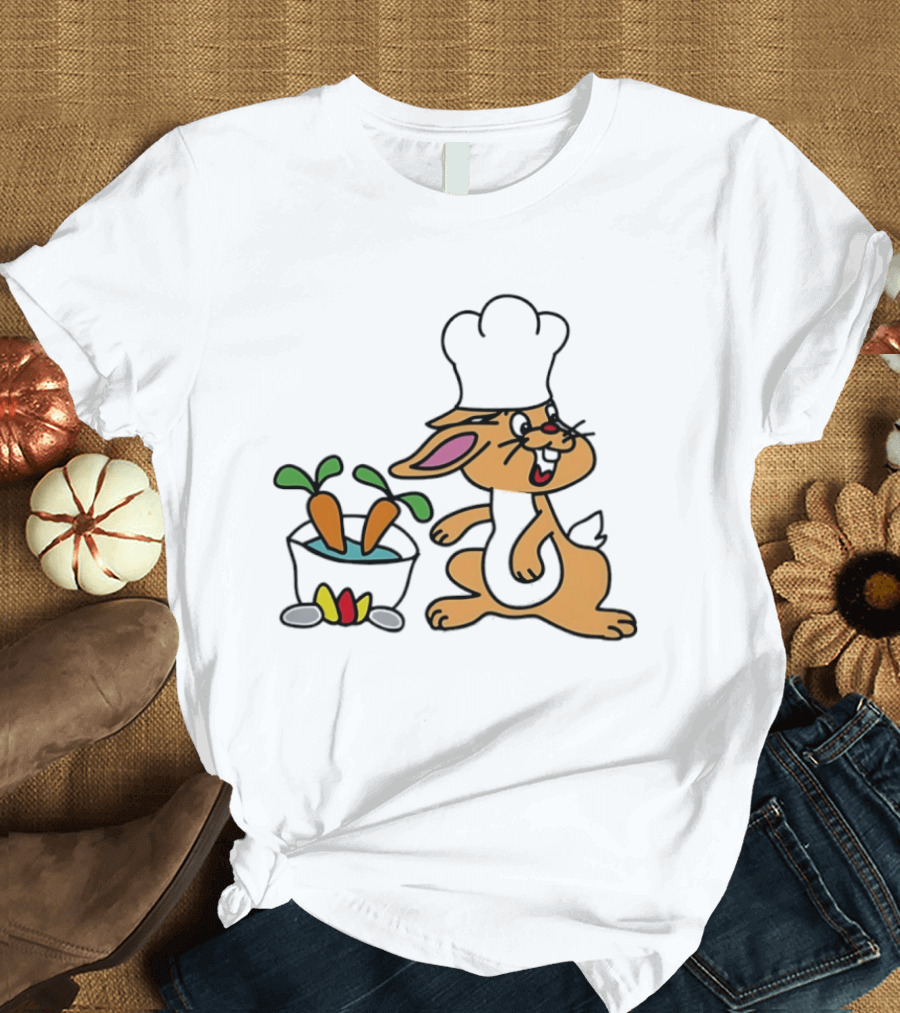 Cartoon Bunny Chef Cooking With Carrots And Pot T-Shirt