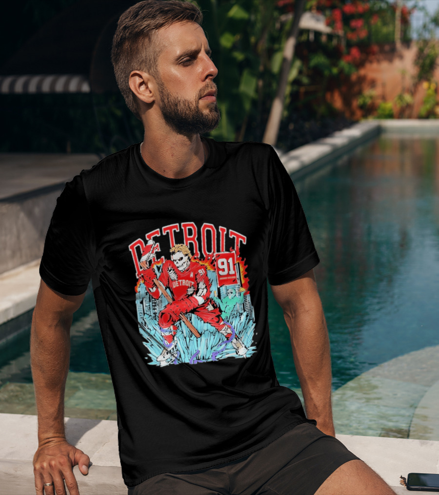 Detroit Hockey 91 Skeleton Player Red Jersey Cityscape Flame T-Shirt