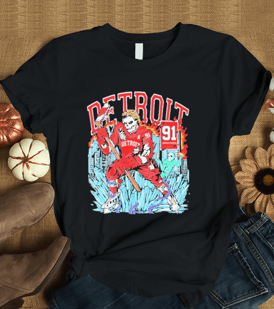Detroit Hockey 91 Skeleton Player Red Jersey Cityscape Flame T-Shirt