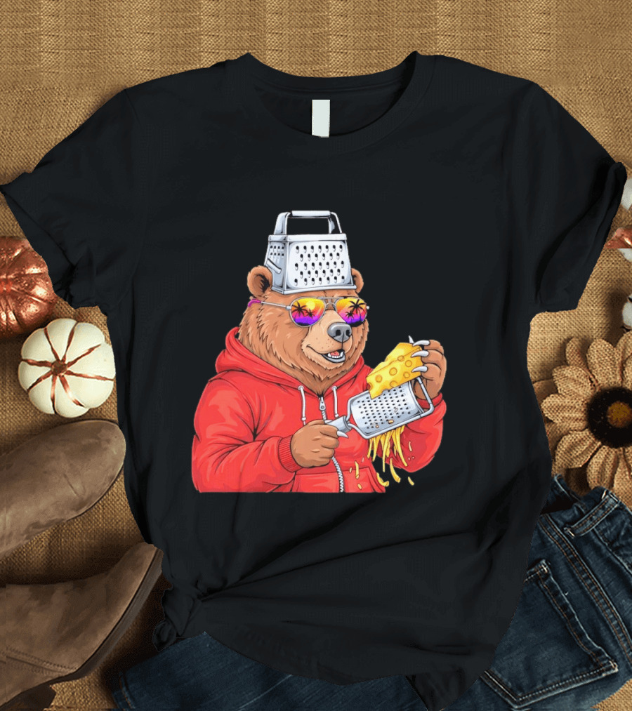 Bear With Cheese Grater Hat And Sunglasses With Bright Palm Tree Reflection T-Shirt