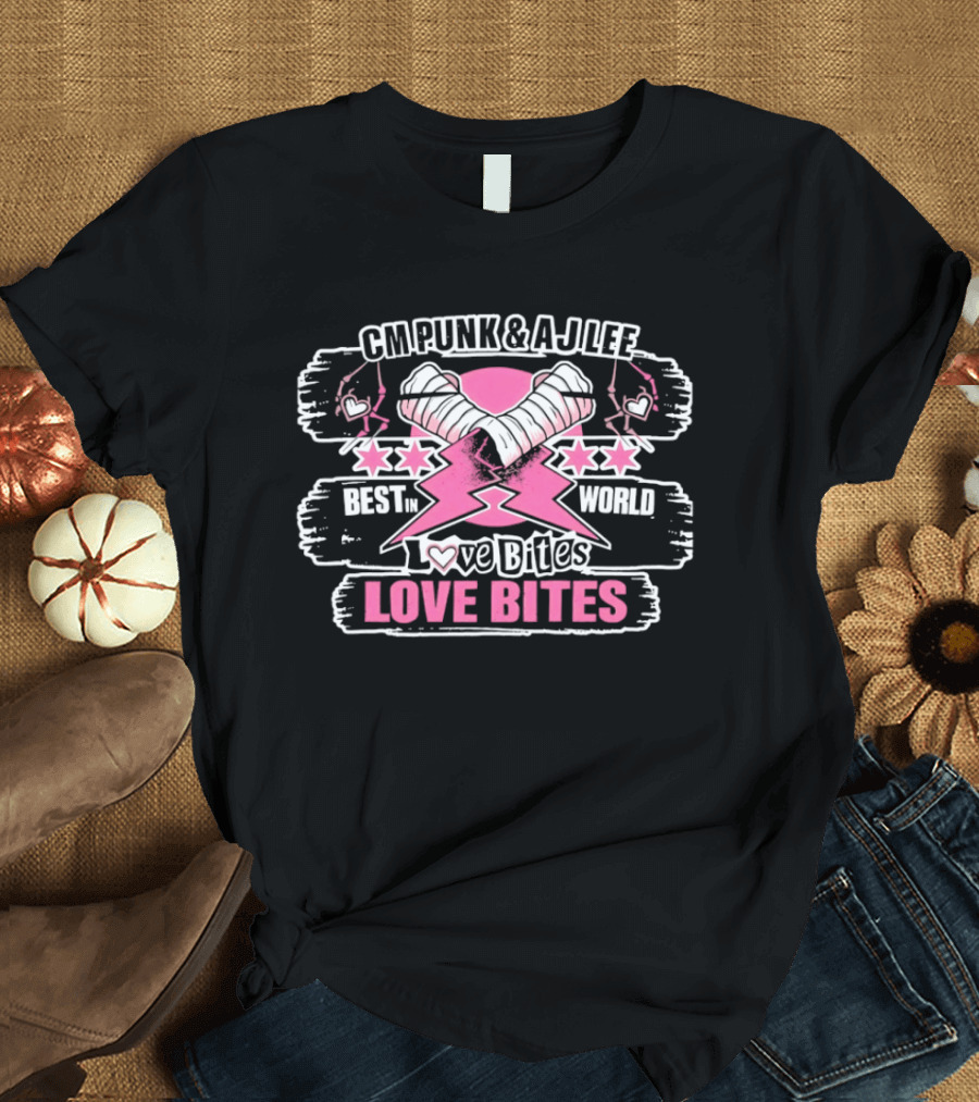 CM Punk AJ Lee Best In The World Love Bites Pink Heart Stars T-Shirt