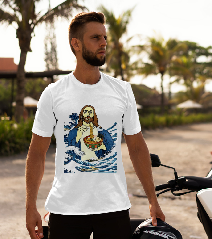 God Eats Ramen Jesus Wave Meme With Bowl Of Noodles T-Shirt
