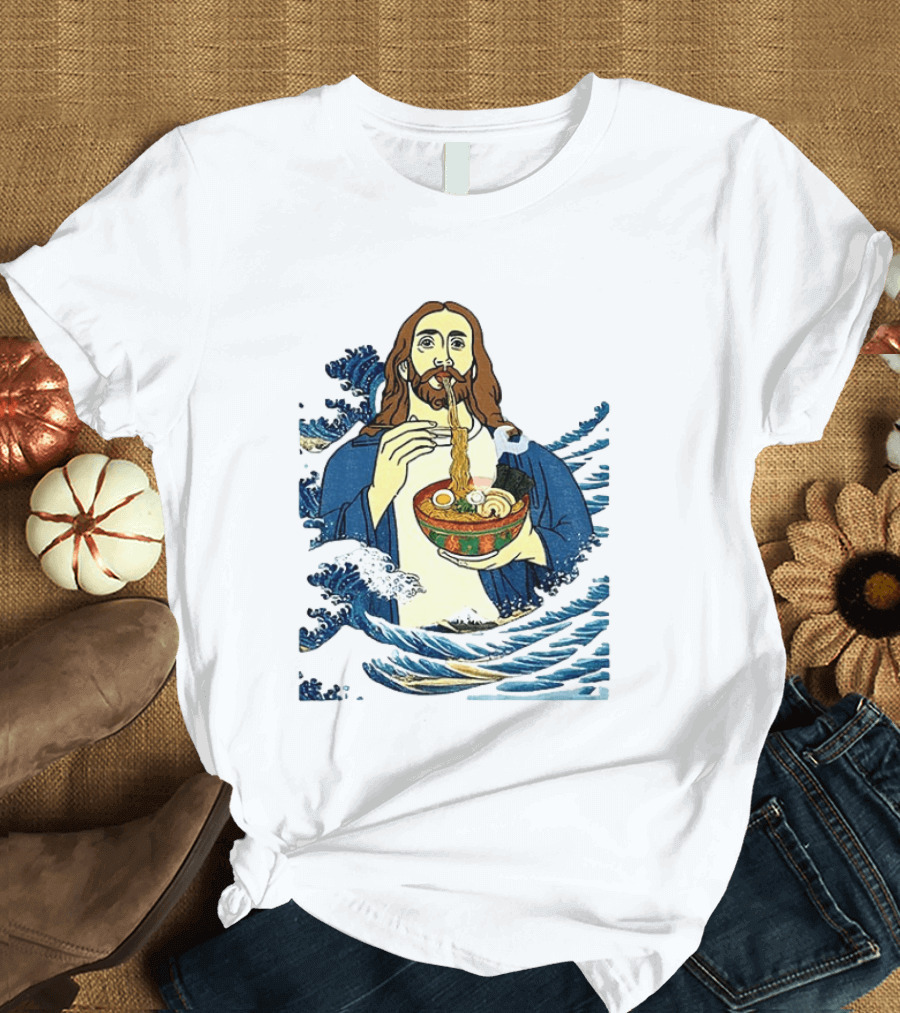 God Eats Ramen Jesus Wave Meme With Bowl Of Noodles T-Shirt