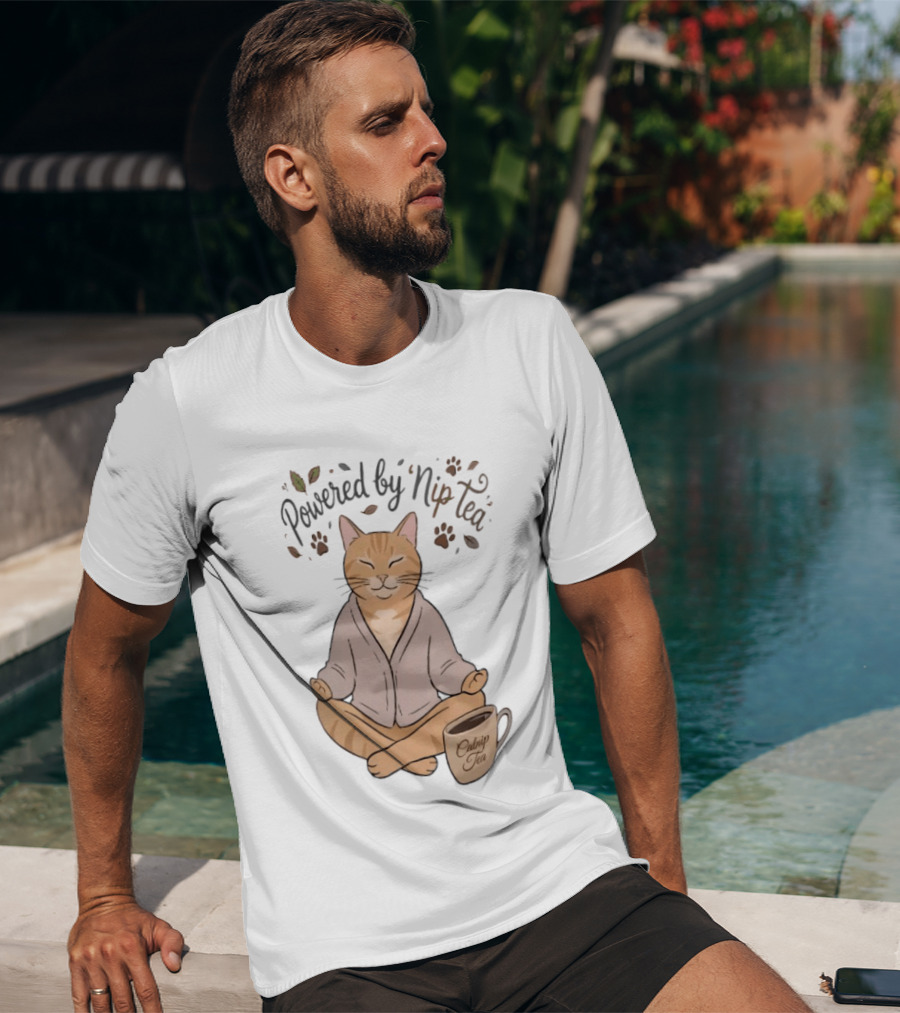 Powered By Nip Tea Catnip Tea Meditating Cat With Paw Prints T-Shirt