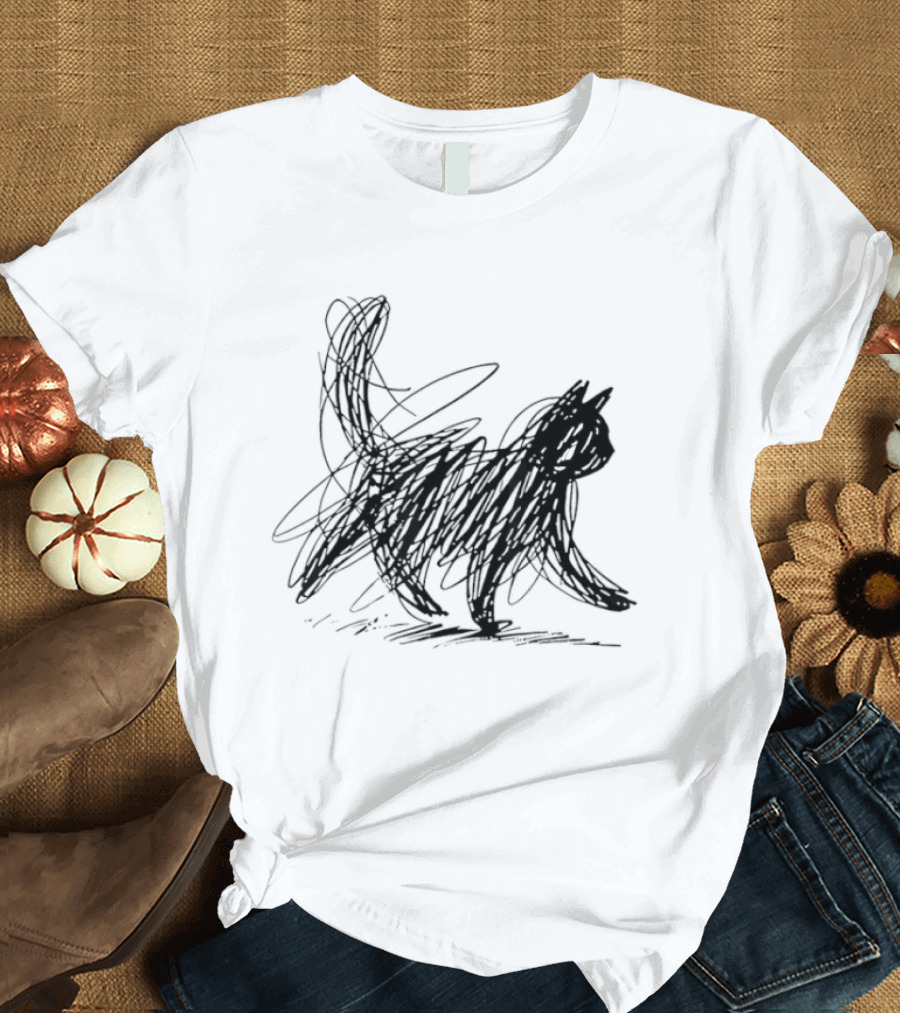 Minimalist Cat Scribble Sketch T-Shirt