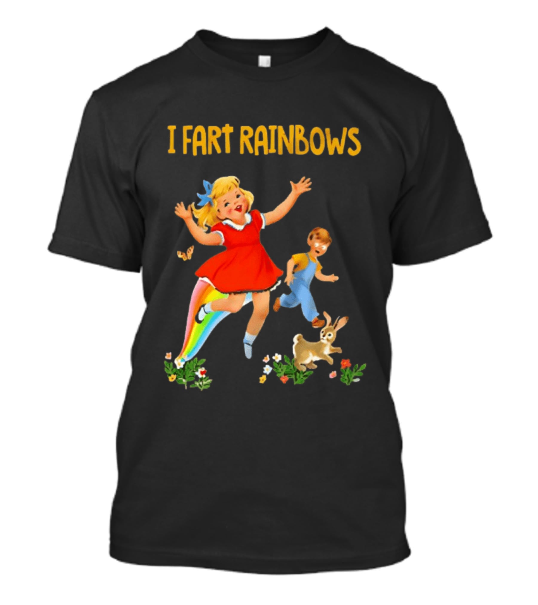 I Fart Rainbows Vintage Retro Kids Playing Butterflies Rabbits Flowers T-Shirt