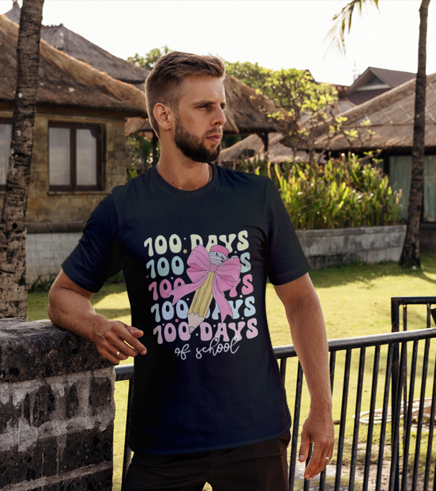 100 Days Of School Pink Bow Pencil Celebration T-Shirt