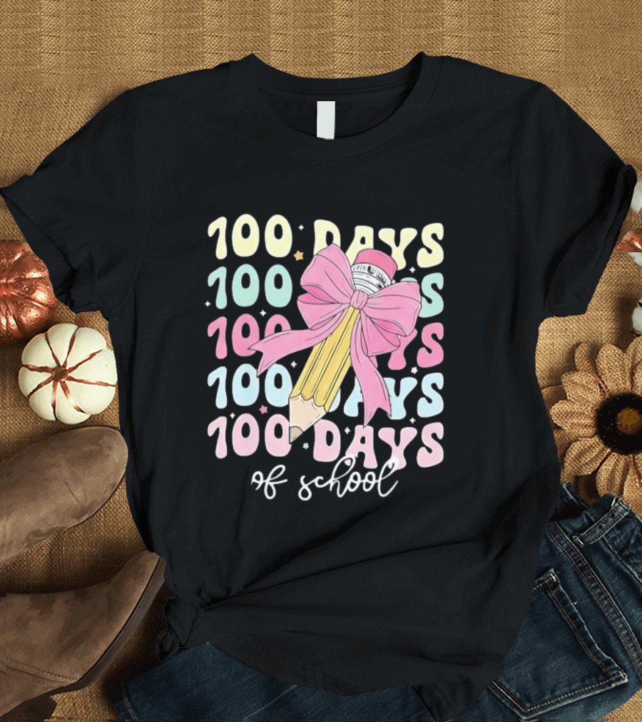 100 Days Of School Pink Bow Pencil Celebration T-Shirt