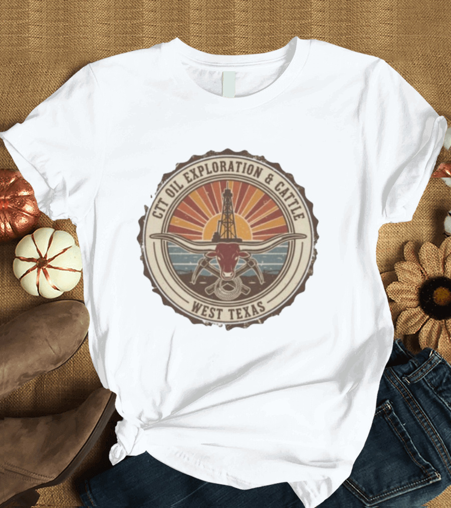 CTT Oil Exploration And Cattle West Texas Landman Sunset Oil Rig And Longhorn T-Shirt