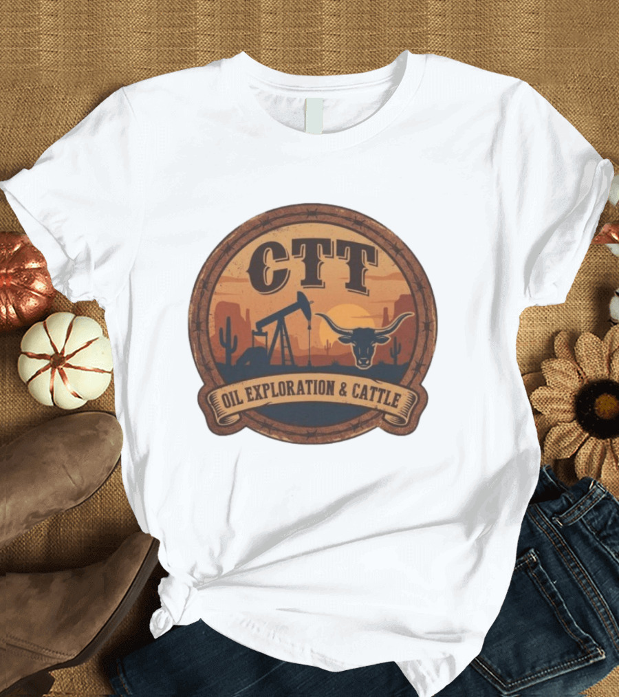 CTT Oil Exploration & Cattle West Texas Sunset Pumpjack And Longhorn Desert Scene T-Shirt