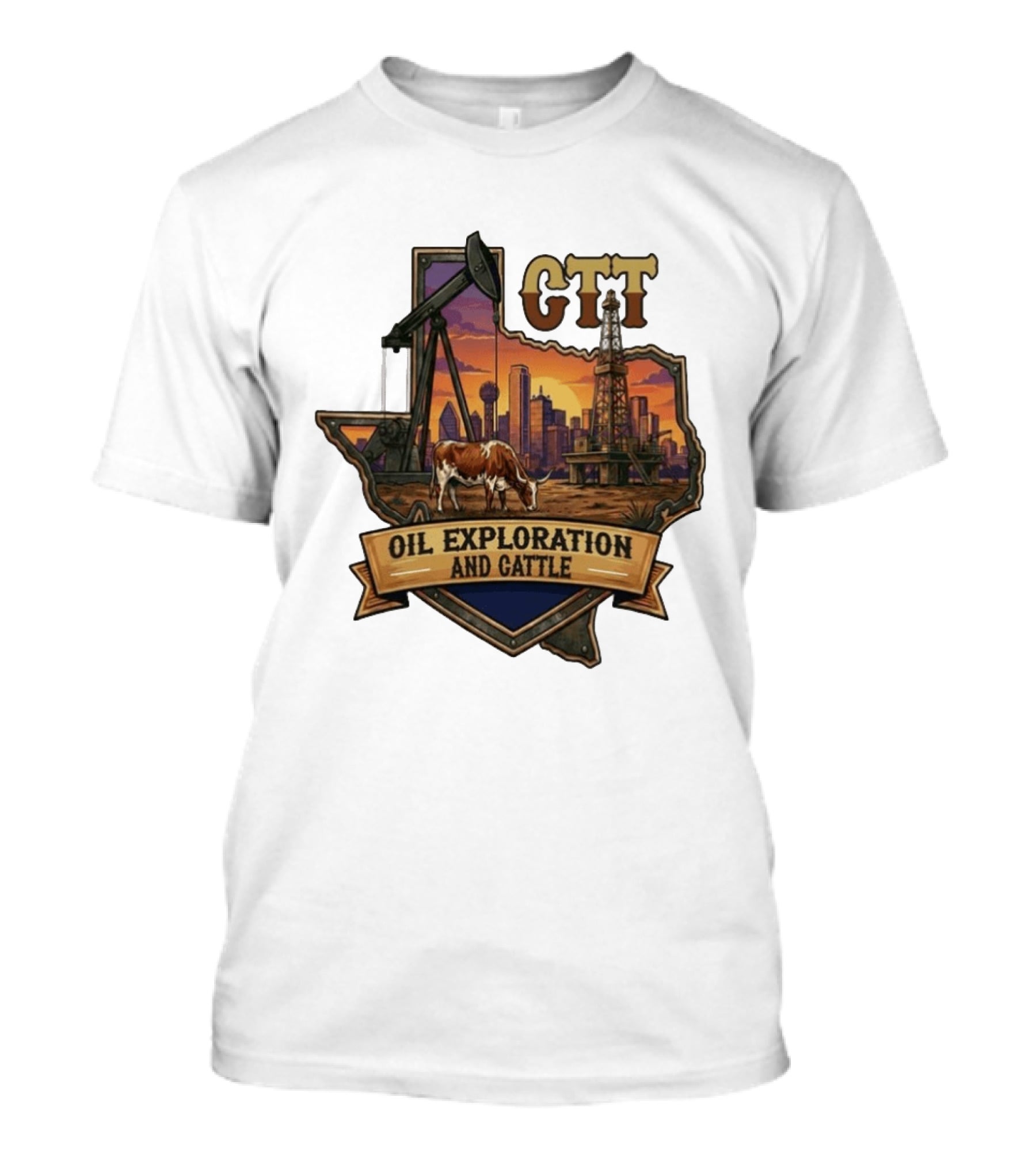 Texas CTT Oil Exploration Cattle Sunset Skyline T-Shirt