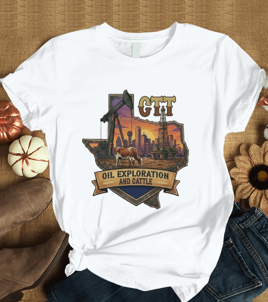 Texas CTT Oil Exploration Cattle Sunset Skyline T-Shirt