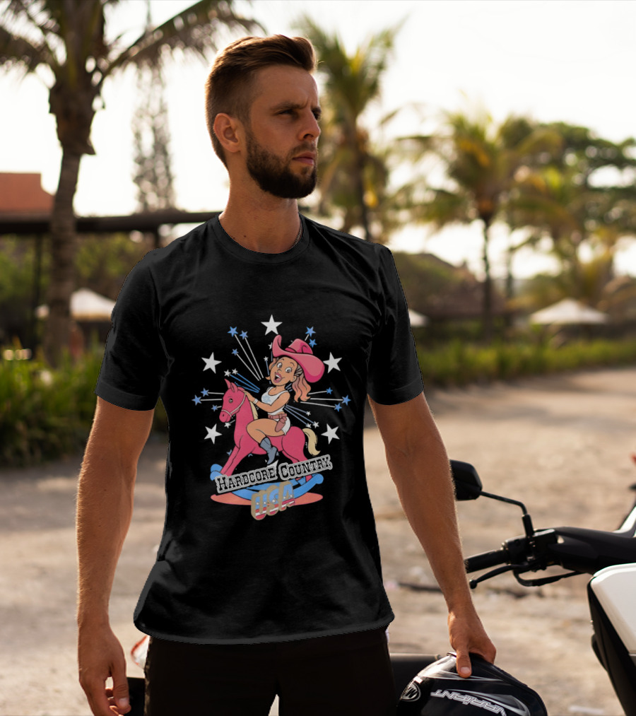 Hardcore Country USA Cowgirl Riding Pink Horse With Stars T-Shirt