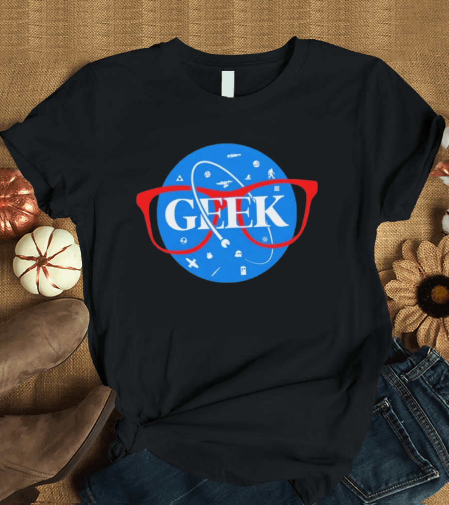 Geek Glasses Space Icons Distressed Patch T-Shirt