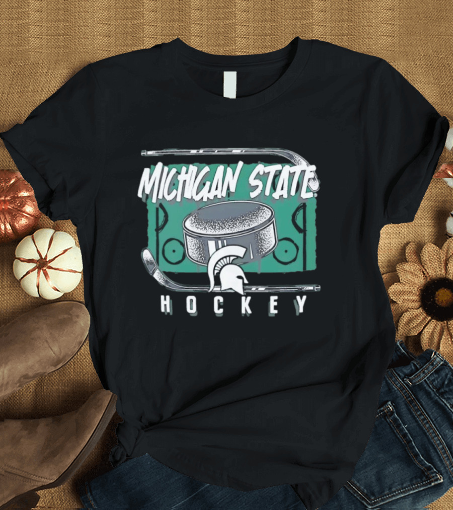Michigan State Spartans Hockey Puck With Spartan Helmet And Sticks T-Shirt