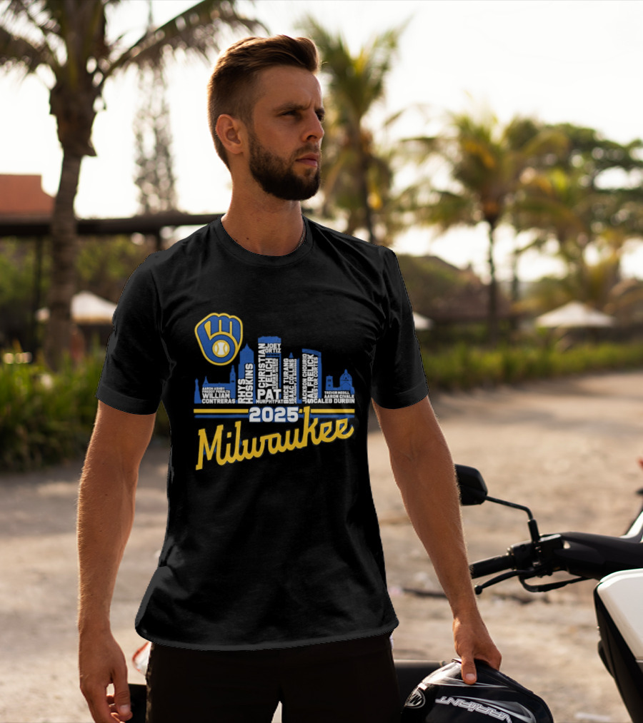 Milwaukee Brewers 2025 City Skyline Baseball Players Names T-Shirt