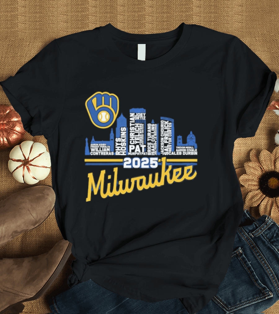Milwaukee Brewers 2025 City Skyline Baseball Players Names T-Shirt