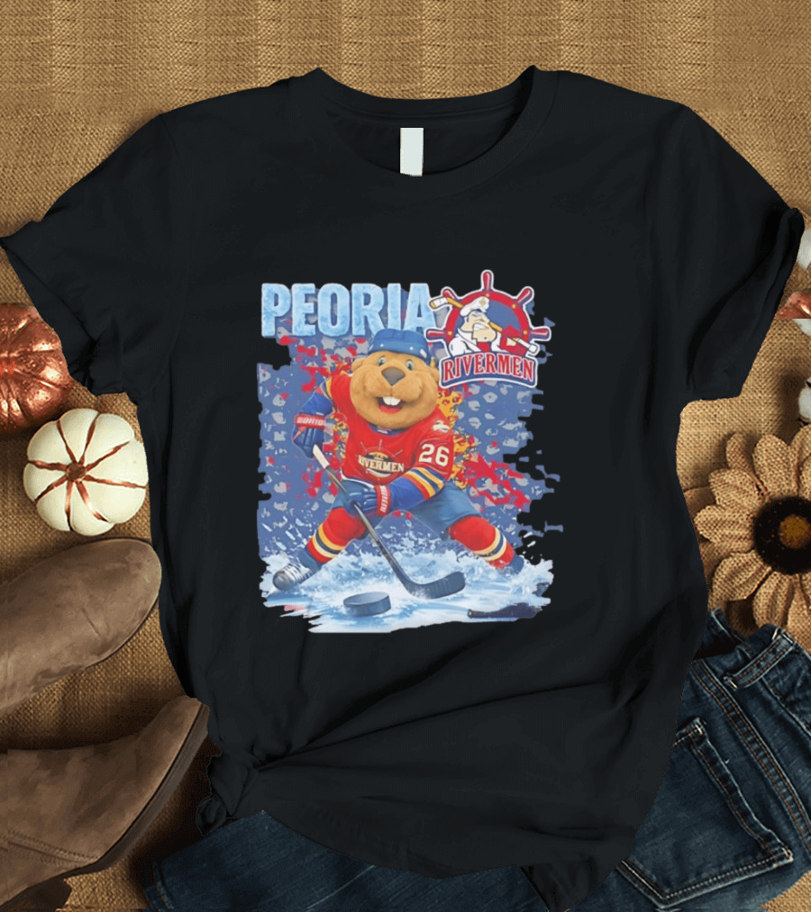 Rocky Peoria Rivermen Hockey Beaver Mascot Skating T-Shirt