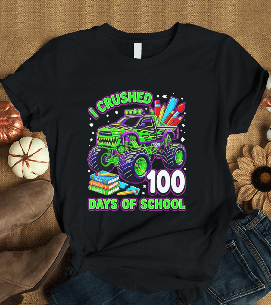 I Crushed 100 Days Of School Monster Truck Math Reading Science Book T-Shirt