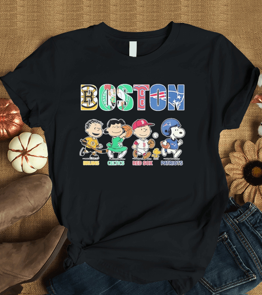Peanuts Characters In Boston Bruins Celtics Red Sox Patriots Team T-Shirt