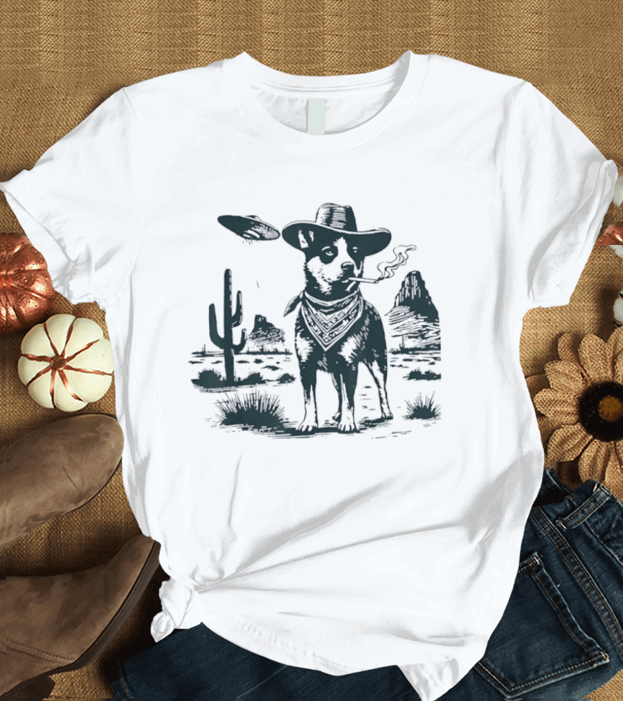 Australian Cattle Dog Smoking With UFO And Western Cowboy Desert Scene T-Shirt