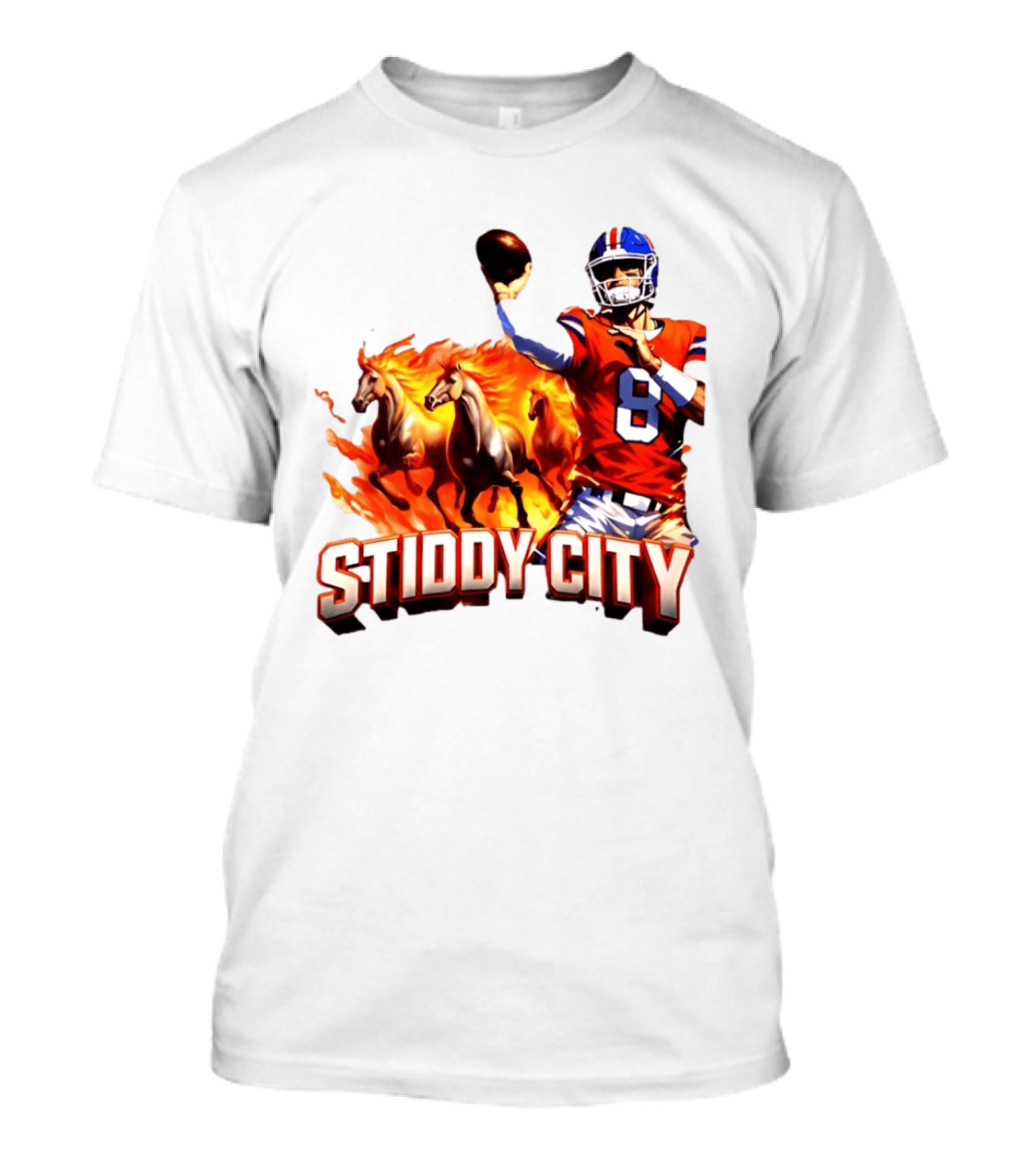 Denver Broncos Stiddy City Quarterback And Horses In Flames T-Shirt