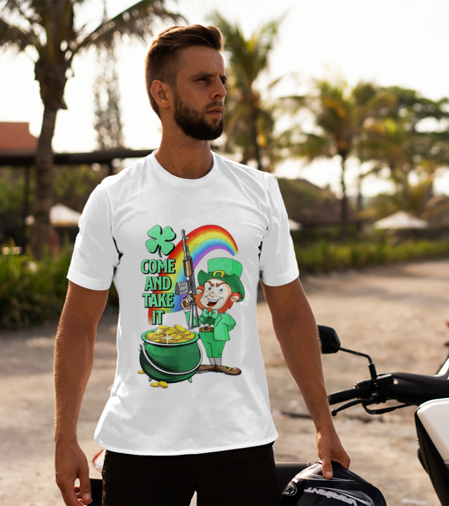 St Patrick Leprechaun Rifle Rainbow Pot Of Gold Come And Take It T-Shirt