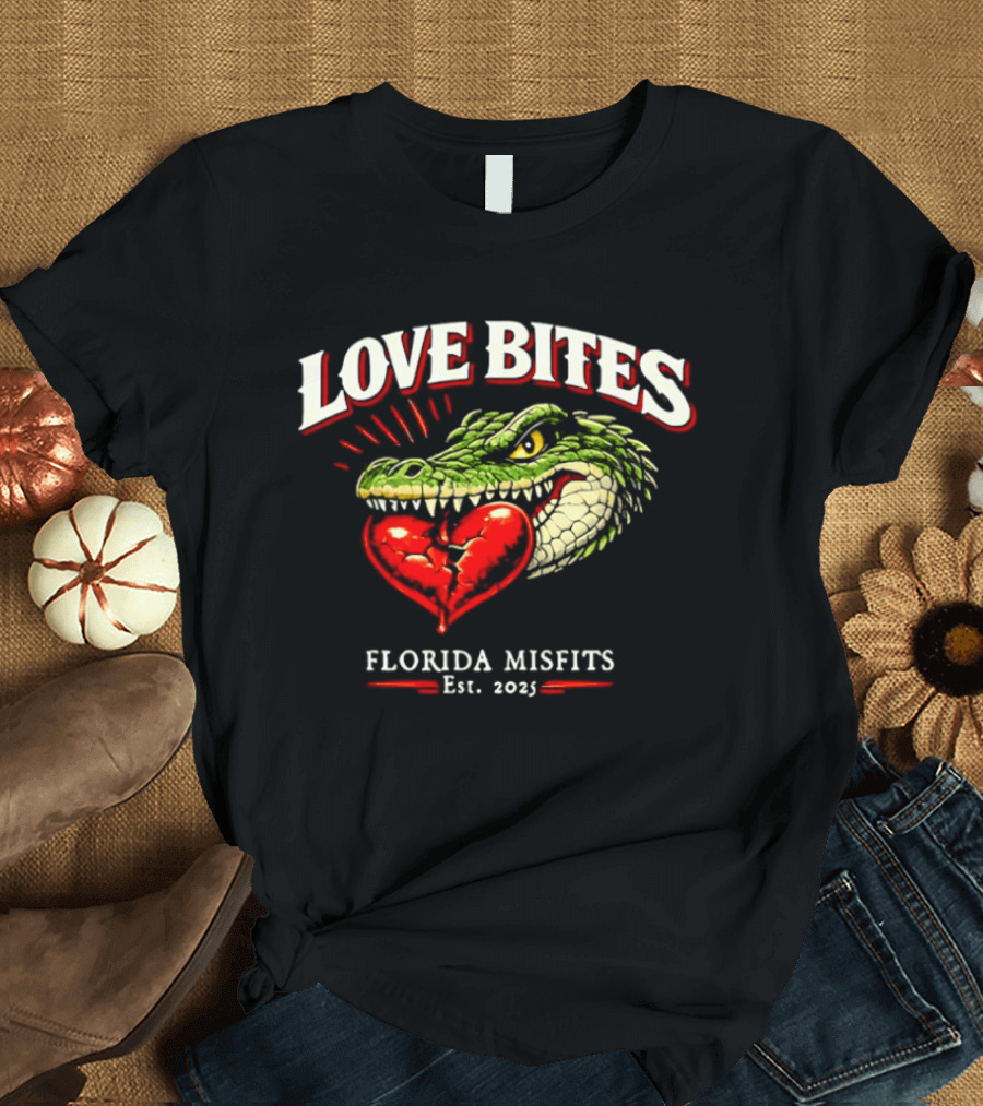 Love Bites Crocodile Broken Heart Florida Misfits Est 2025 T-Shirt