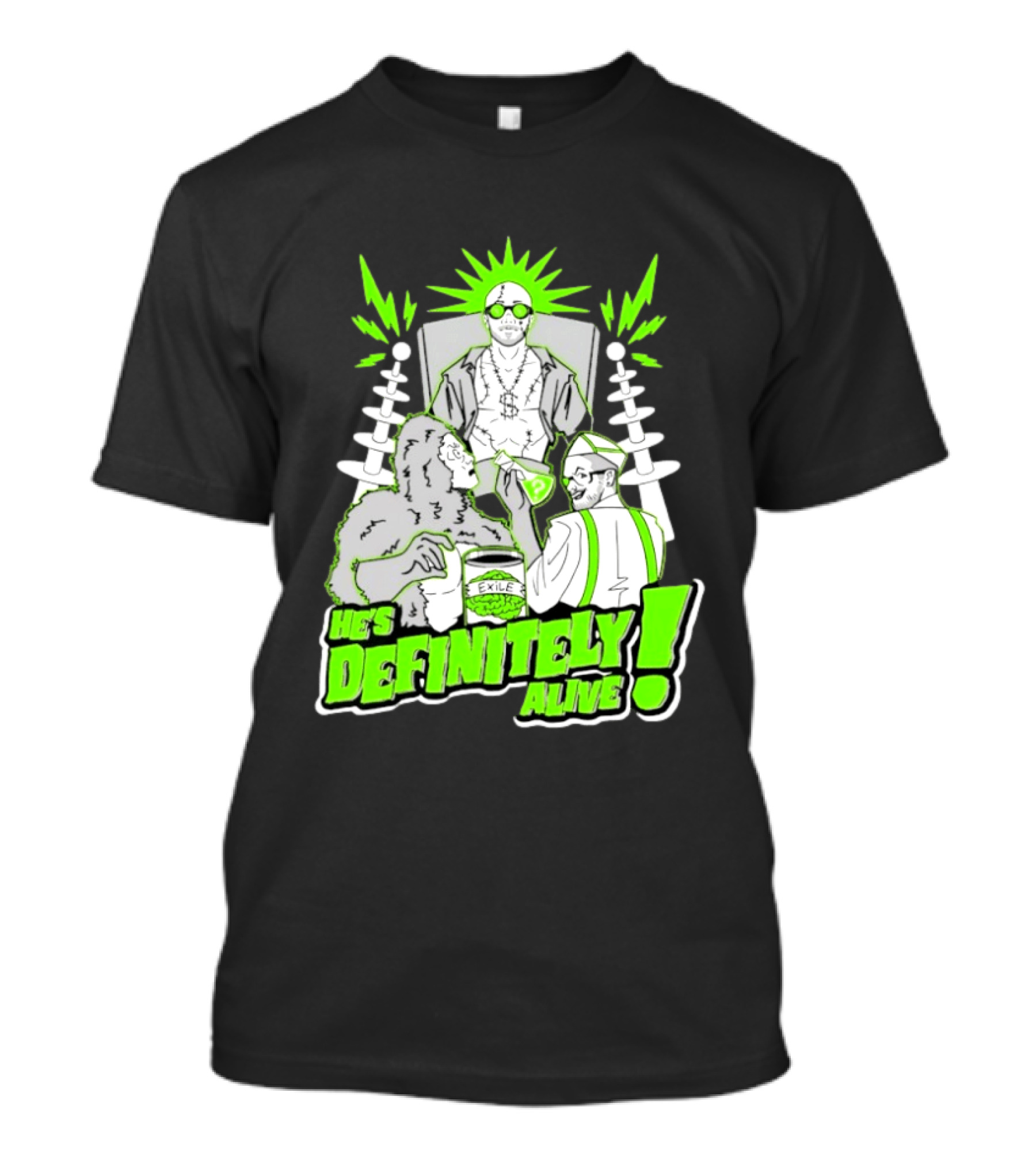 He's Definitely Alive Exile Bright Green Highlights Gorilla And Scientist T-Shirt