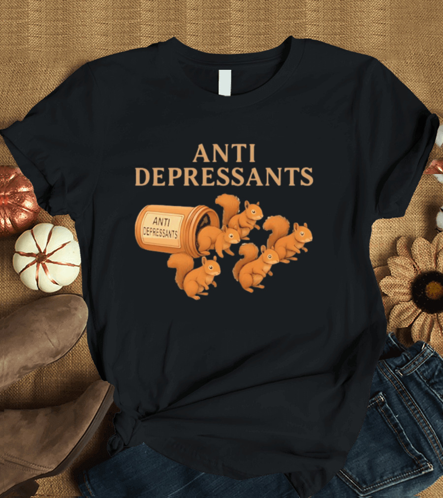 Squirrel Anti Depressants Funny Squirrels In Bottle T-Shirt
