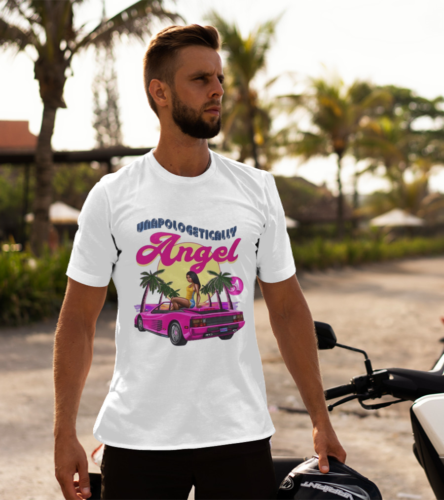 Unapologetically Angel Paradise Sunset With Pink Car And Palm Trees T-Shirt
