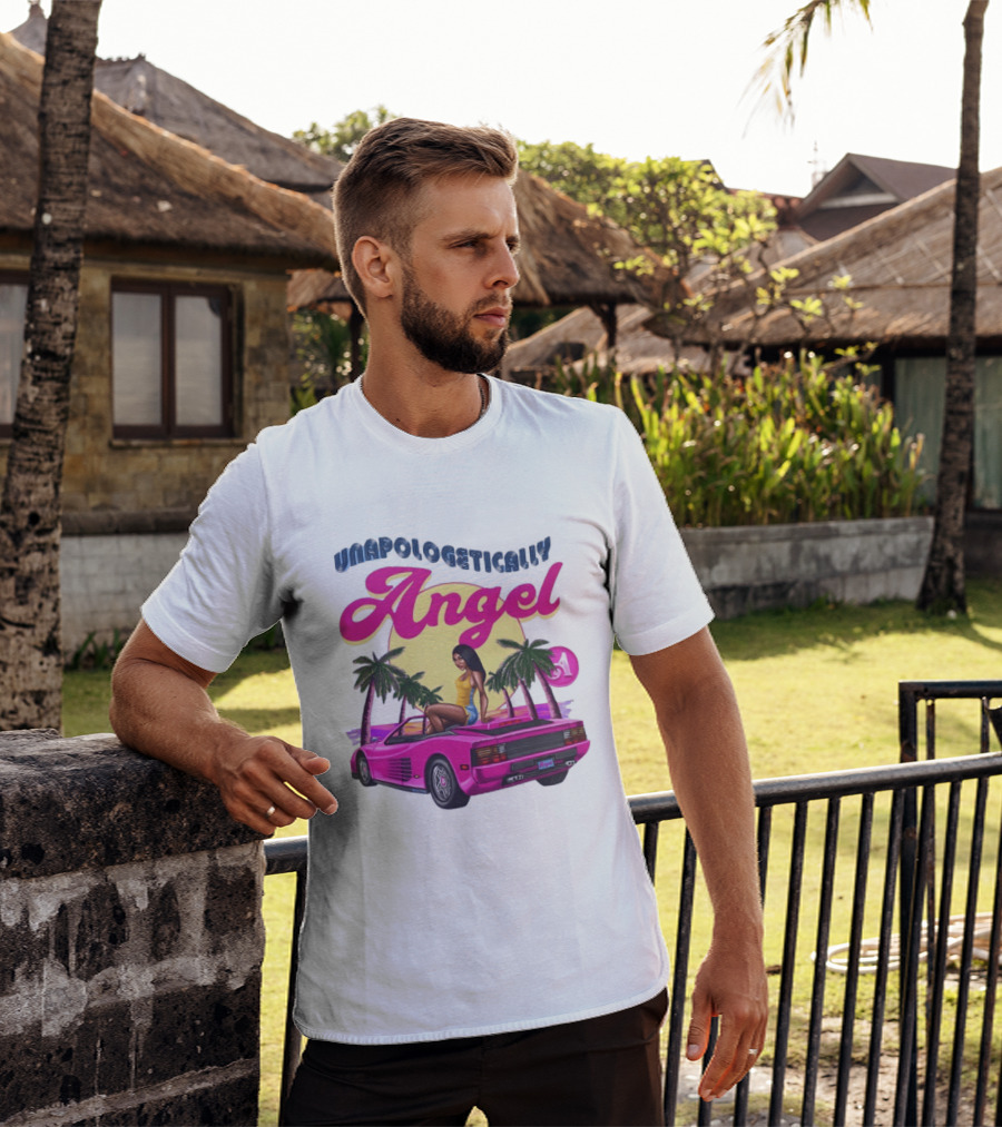 Unapologetically Angel Paradise Sunset With Pink Car And Palm Trees T-Shirt