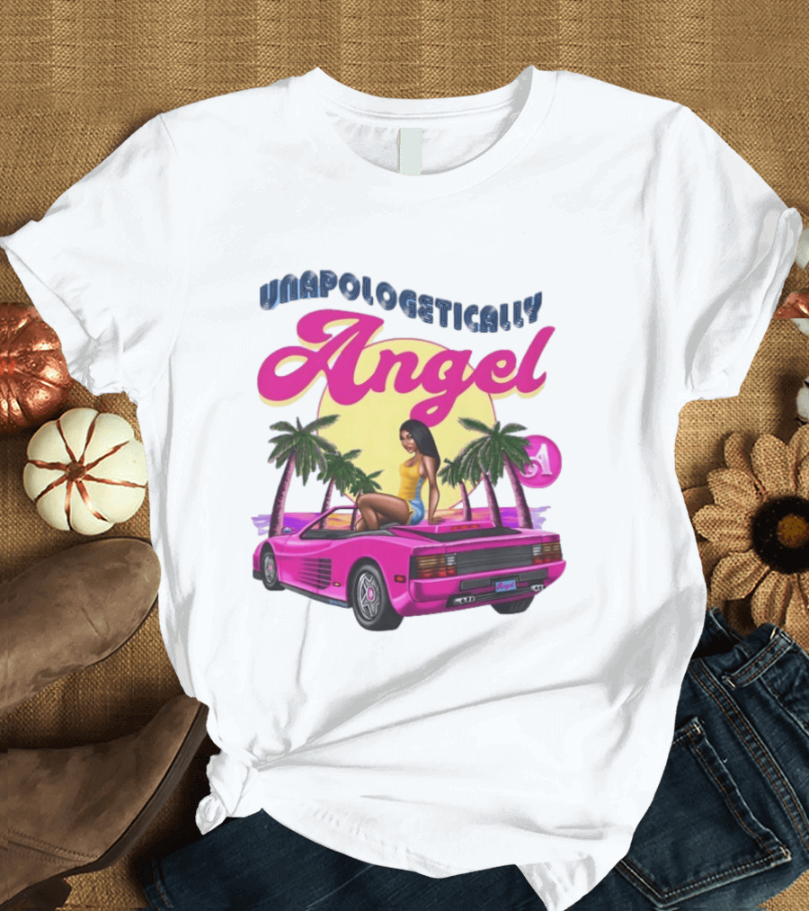 Unapologetically Angel Paradise Sunset With Pink Car And Palm Trees T-Shirt