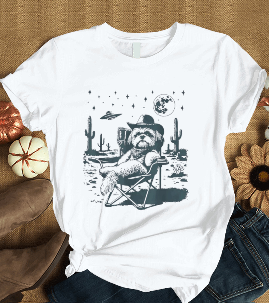 Shih Tzu Cowboys UFO Western Desert Scene Cactus Moon Stars T-Shirt