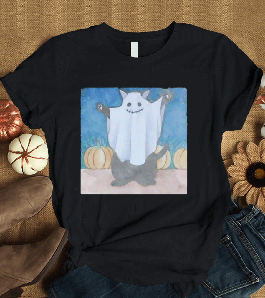 Spooky Black Cat In Ghost Costume With Pumpkins Halloween T-Shirt