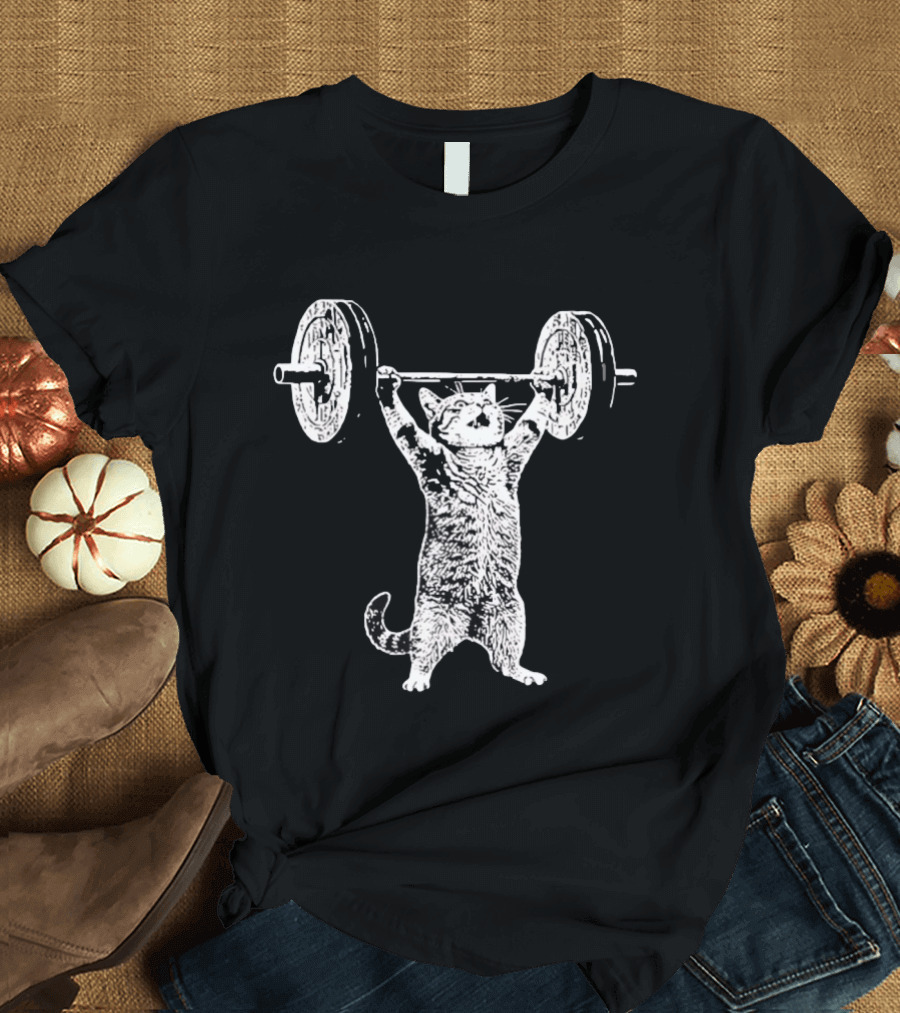 Cat Shoulder Overhead Press Weightlifting Feline Lifting Barbell T-Shirt