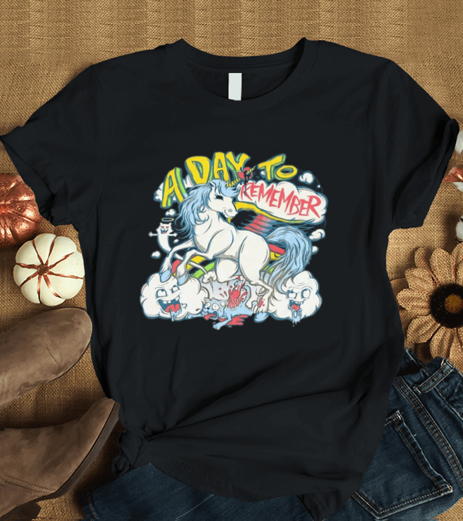 A Day To Remember Unicorn With Colorful Clouds And Characters T-Shirt