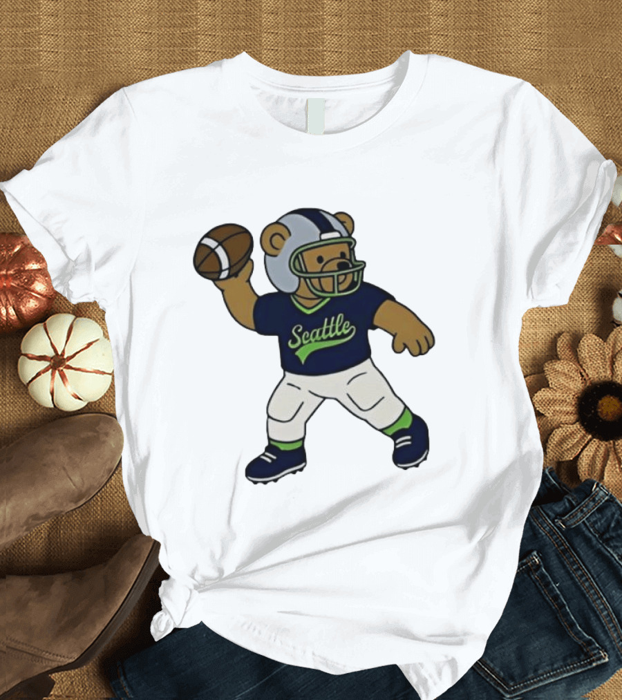 Teddy Bear Football Player Throwing Ball Seattle T-Shirt