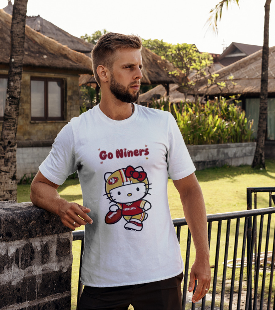 Go Niners SF Oval Gold Helmet Jersey Hello Kitty Football Bow T-Shirt