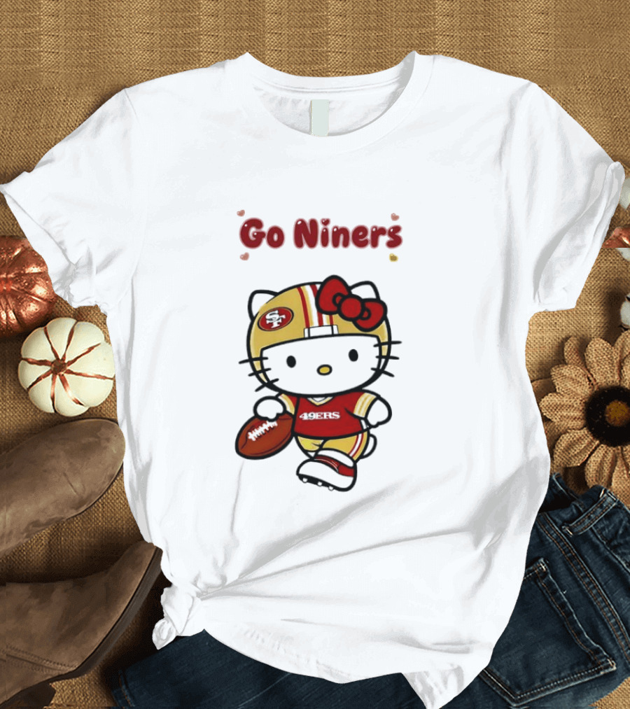 Go Niners SF Oval Gold Helmet Jersey Hello Kitty Football Bow T-Shirt