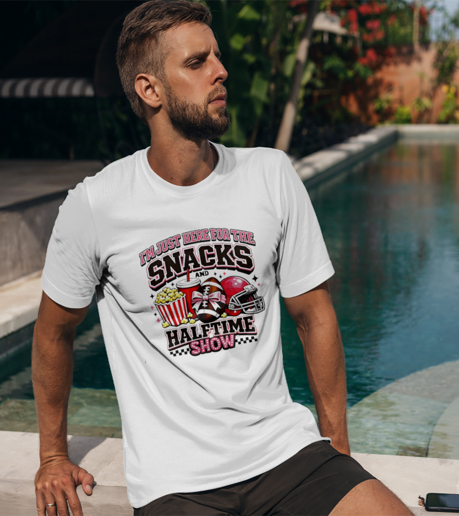 I'm Just Here For The Snacks And Halftime Show Football Popcorn Pink Coquette T-Shirt