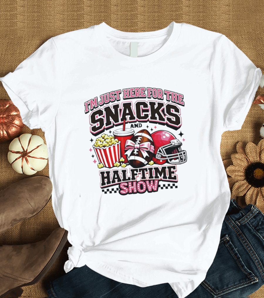 I'm Just Here For The Snacks And Halftime Show Football Popcorn Pink Coquette T-Shirt