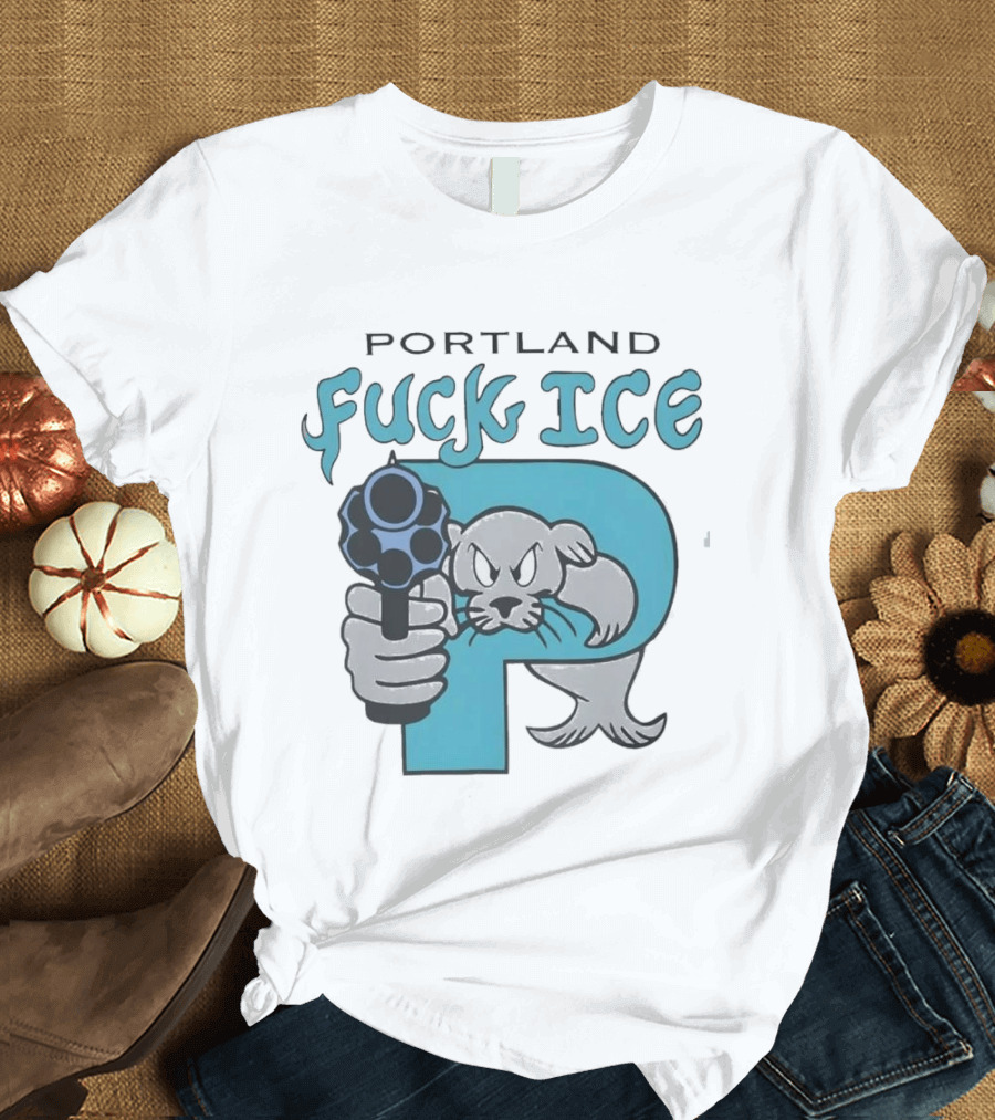 Portland Fuck ICE Seal Holding Revolver Protest T-Shirt