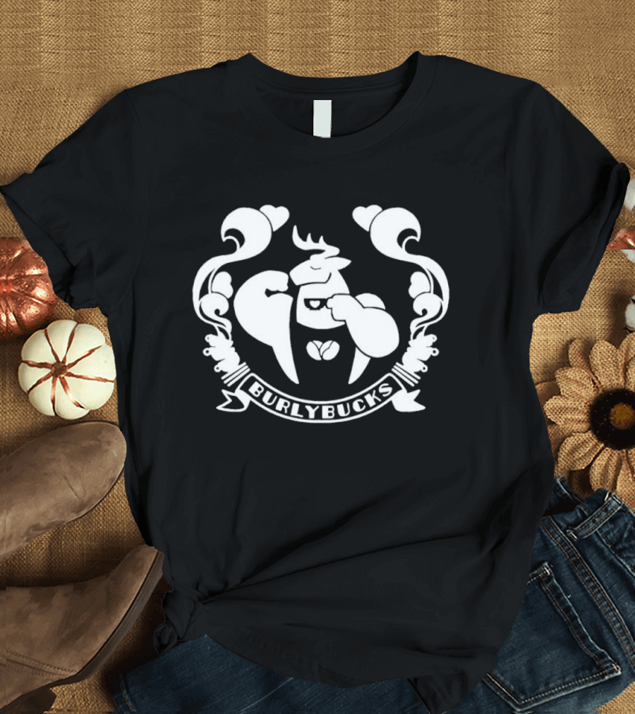 Burlybucks Muscular Deer Drinking Coffee Crest T-Shirt